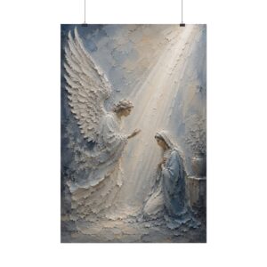 The Annunciation Angel Gabriel & Mary Poster | Modern Powder Blue Christian Wall Art | Palette Knife Plaster Print | Sacred Faith Home Decor