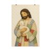 The Good Shepherd Poster | Cute Jesus Holding Lamb Wall Art | Patchwork Quilt Style Christian Print | Cozy Folk Art Religious Nursery Decor