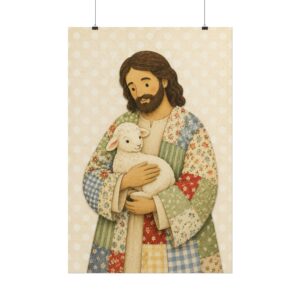 The Good Shepherd Poster | Cute Jesus Holding Lamb Wall Art | Patchwork Quilt Style Christian Print | Cozy Folk Art Religious Nursery Decor