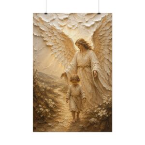 The Guardian Angel Poster | Modern Nursery & Kids Room Wall Art | Textured Palette Knife Plaster Print | Warm Beige and Gold Decor
