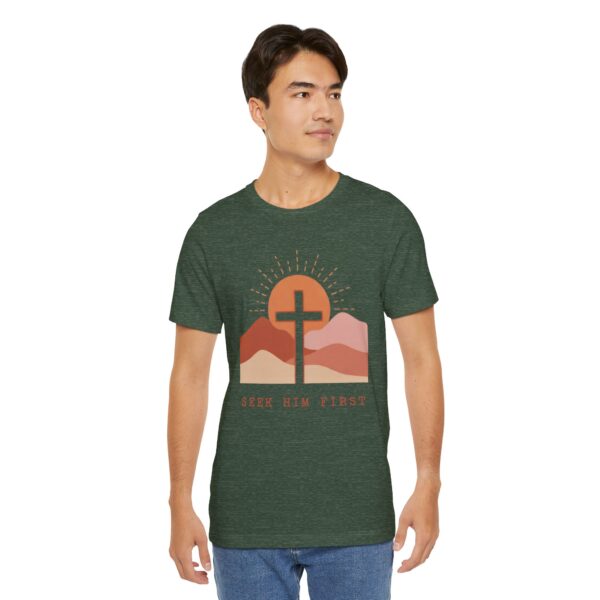 Seek Him First cross sunset Tee | Christian faith shirt