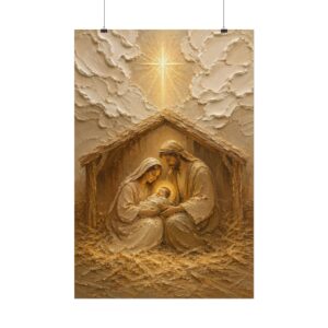 Modern Minimalist Nativity Poster | Christmas Holy Family Wall Art | Textured Palette Knife Plaster Print | Warm Beige & Gold Faith Decor