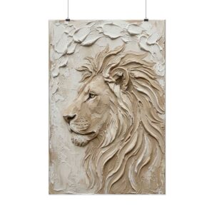 Lion of Judah Poster | Modern Beige Christian Wall Art | Textured Palette Knife Plaster Print | Lion of Judah Scripture Art Decor