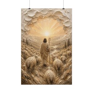 The Lord is My Shepherd Poster | Psalm 23 Christian Wall Art | Modern Farmhouse Taupe & Gold Impasto Print | Palette Knife Faith Decor