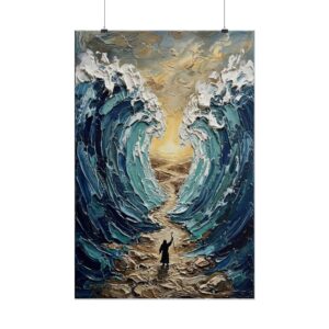 Parting of the Red Sea Poster | Moses Exodus Christian Wall Art | Textured Palette Knife Blue & Gold Print | Old Testament Miracle Decor