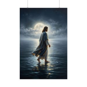 Jesus Walking on Water Art Print, Christian Wall Decor, Faith Poster, Spiritual Night Ocean Painting, Modern Biblical Art Print