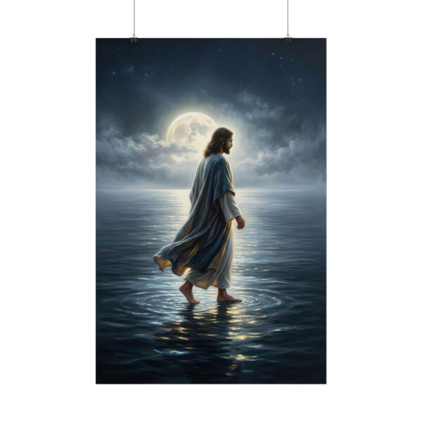 Jesus Walking on Water Art Print, Christian Wall Decor, Faith Poster, Spiritual Night Ocean Painting, Modern Biblical Art Print