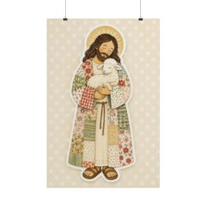 The Good Shepherd Poster | Cute Jesus holding Lamb Wall Art | Patchwork Quilt Style Christian Print | Cottagecore Religious Kids Room Decor