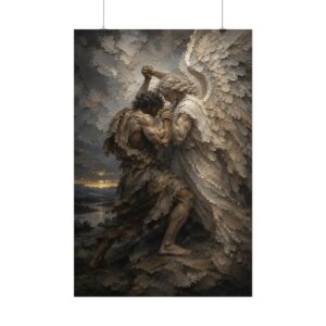 Jacob Wrestling the Angel Poster | Modern Charcoal & Ivory Christian Wall Art | Textured Palette Knife Print | Genesis 32 Biblical Decor