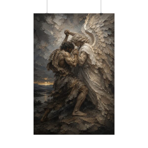 Jacob Wrestling the Angel Poster | Modern Charcoal & Ivory Christian Wall Art | Textured Palette Knife Print | Genesis 32 Biblical Decor