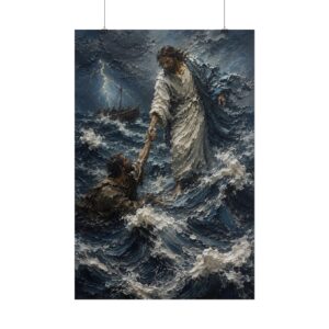 Walking on Water Jesus Poster | Matthew 14:27 Christian Wall Art | Moody Prussian Blue Storm Print | Textured Palette Knife Faith Home Decor