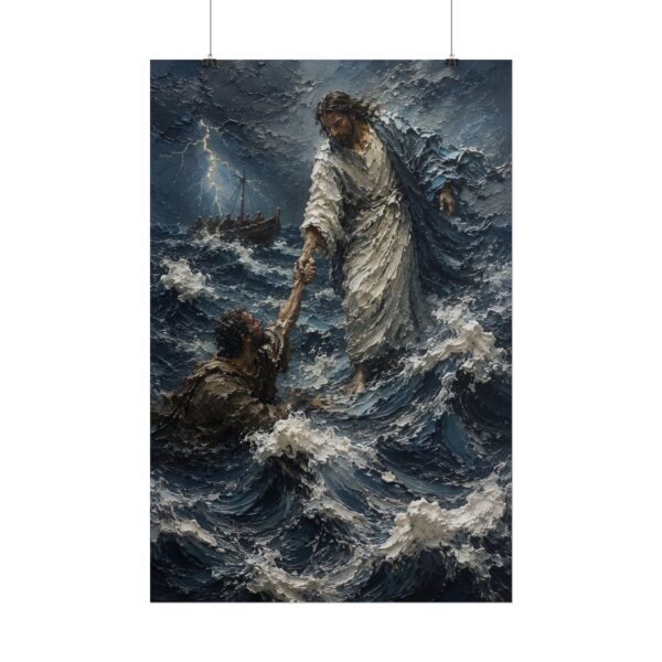4951098696876302862_2048.jpeg Walking on Water Jesus Poster | Matthew 14:27 Christian Wall Art | Moody Prussian Blue Storm Print | Textured Palette Knife Faith Home Decor