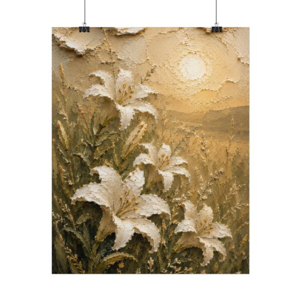 Consider the Lilies Scripture Poster | Matthew 6:28 Christian Wall Art | Modern Sage Green Impasto Print, Textured Palette Knife Wildflower