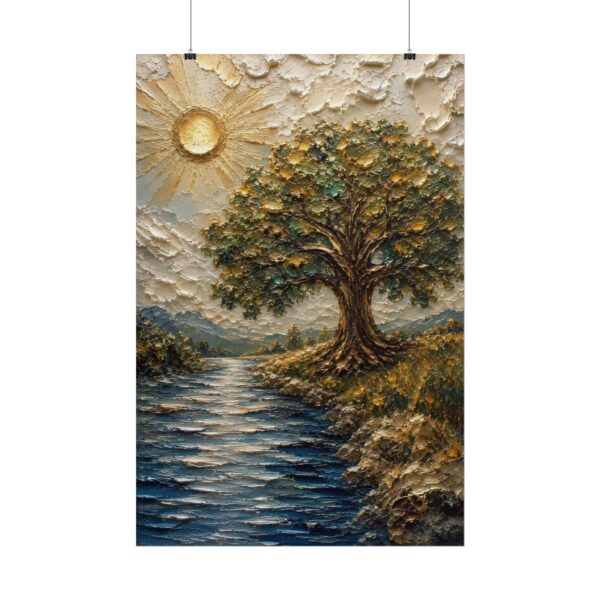 Tree of Life Psalm 1 Poster, Deeply Rooted Christian Wall Art, Modern Sage Green & Gold Impasto Print, Textured Palette Knife River Painting