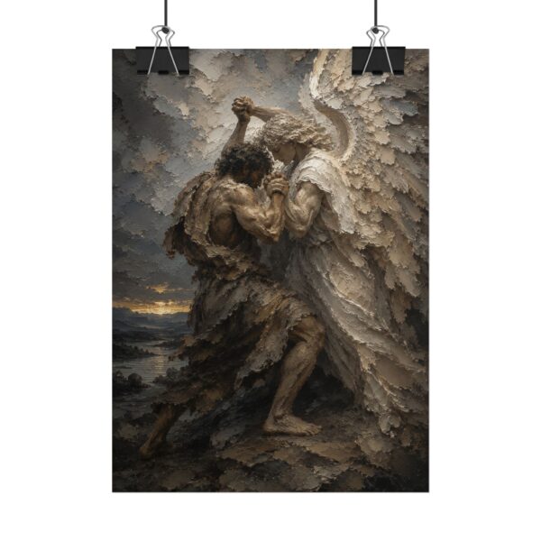 Jacob Wrestling the Angel Poster | Modern Charcoal & Ivory Christian Wall Art | Textured Palette Knife Print | Genesis 32 Biblical Decor