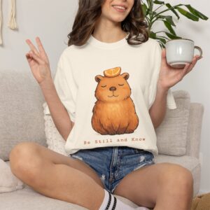 Comfort Colors® Meditating Bear with Orange Slice T-Shirt | Be Still and Know, Bible Verse Shirt, Religious Women