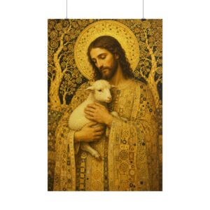 Gustav Klimt Style Jesus Art Print, The Good Shepherd Mosaic Poster, Ornate Gold Christian Wall Decor, Sacred Lost Lamb Painting