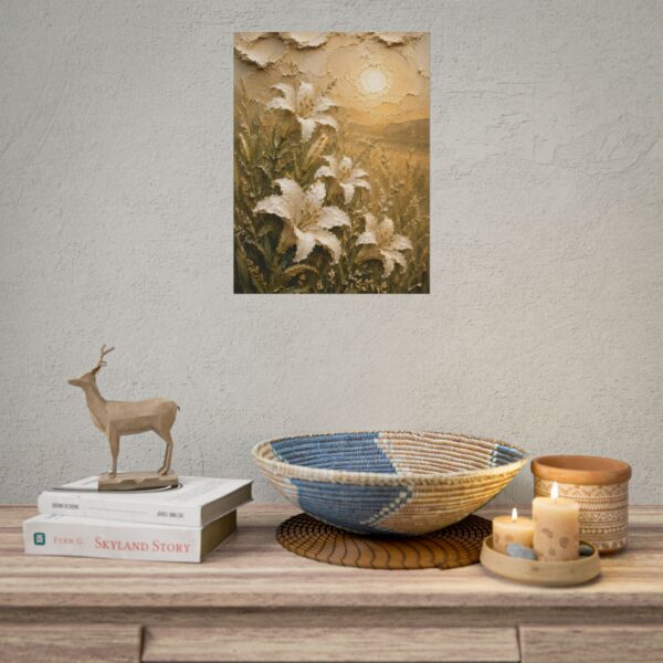 Consider the Lilies Scripture Poster | Matthew 6:28 Christian Wall Art | Modern Sage Green Impasto Print, Textured Palette Knife Wildflower