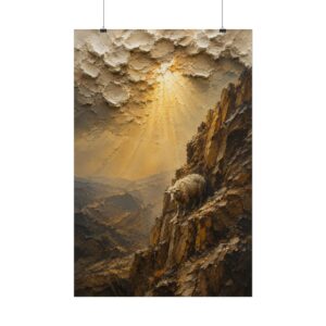 Leaving the 99 Lost Sheep Impasto Poster | Christian Cliffside Oil Painting Art | Parable of the Lost Sheep | Textured Palette Knife Print
