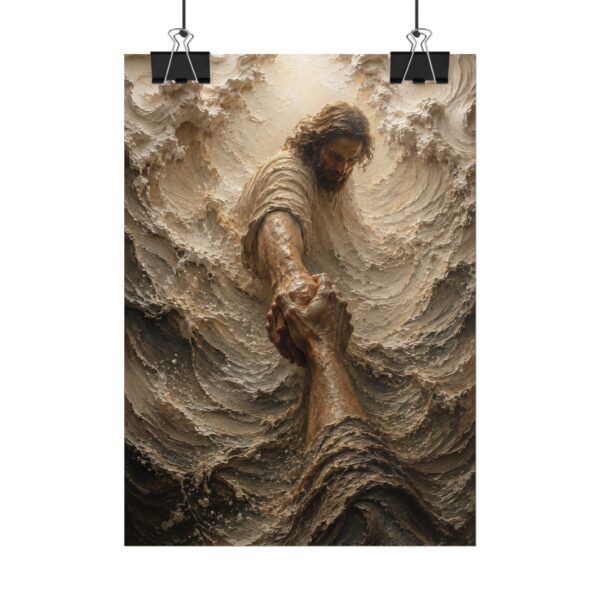 5713918793837144912_2048.jpeg The Reach of Grace Underwater Poster | Jesus Rescuing Hand Christian Art | Textured Palette Knife Storm Print | Neutral Taupe Faith Decor