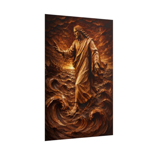 Jesus Walking on Water Poster | Rustic Wood Carving Style Christian Wall Art | Chiseled Stormy Sea Print | Religious Gift Faith Decor