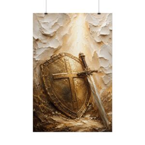 Armor of God Shield and Sword Poster | Ephesians 6 Christian Wall Art | Textured Gold Impasto Paint Print | Masculine Faith Decor