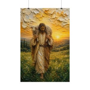 The Good Shepherd Impasto Oil Painting Poster | Jesus Carrying Lost Lamb Wall Art | Christian Home Decor | Palette Knife Texture Print