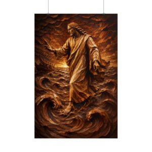 Jesus Walking on Water Poster | Rustic Wood Carving Style Christian Wall Art | Chiseled Stormy Sea Print | Religious Gift Faith Decor