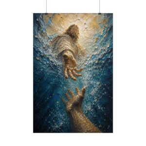Jesus Reaching Into Water Impasto Poster | The Hand of God Rescue Art | Christian Ocean Wall Decor | Textured Palette Knife Storm Print