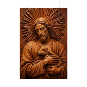 The Good Shepherd Poster | Rustic Wood Carving Style Christian Wall Art | Jesus Holding Lamb Print | Powerful Religious Gift Faith Decor