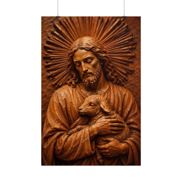 The Good Shepherd Poster | Rustic Wood Carving Style Christian Wall Art | Jesus Holding Lamb Print | Powerful Religious Gift Faith Decor