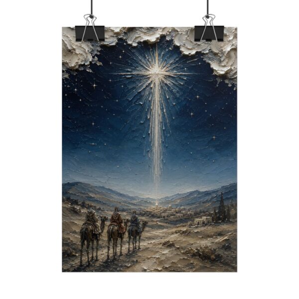 Star of Bethlehem Wise Men Poster | Modern Midnight Blue Nativity Wall Art | Textured Palette Knife Christmas Print | Holiday Faith Decor