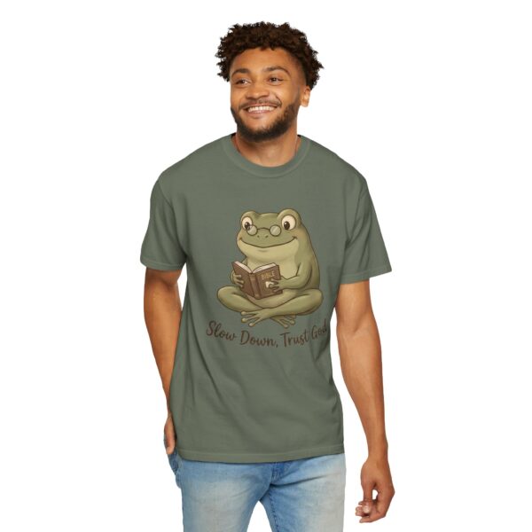 6386316245364530047_2048.jpeg Comfort Colors® Reading Frog Illustration T-Shirt | Slow Down Trust God, Cute Frog Bible Verse