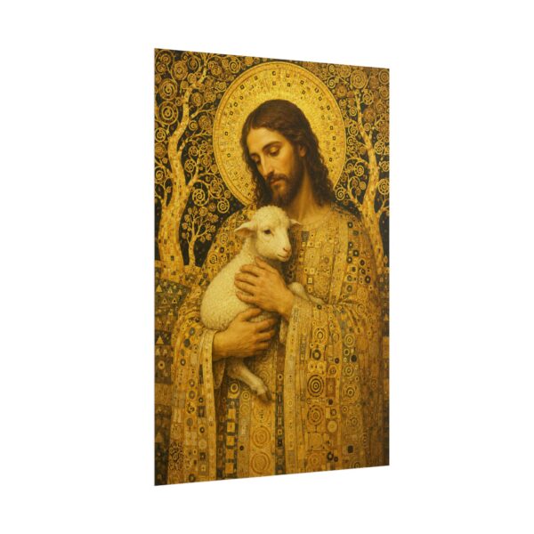 Gustav Klimt Style Jesus Art Print, The Good Shepherd Mosaic Poster, Ornate Gold Christian Wall Decor, Sacred Lost Lamb Painting