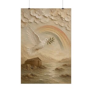 Noahs Dove of Promise Poster | Modern Boho Rainbow Christian Wall Art | Textured Palette Knife Plaster Print | Warm Farmhouse Faith Decor