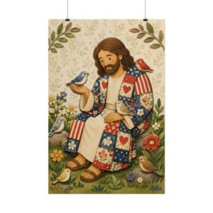 Jesus and Birds Poster | Cute Folk Art Christian Wall Art | Americana Patchwork Quilt Style Faith Print | Cozy Religious Nursery Kids Decor
