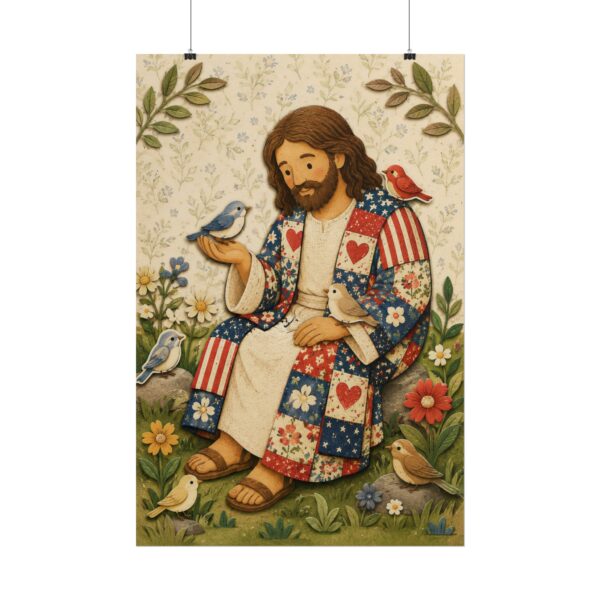Jesus and Birds Poster | Cute Folk Art Christian Wall Art | Americana Patchwork Quilt Style Faith Print | Cozy Religious Nursery Kids Decor