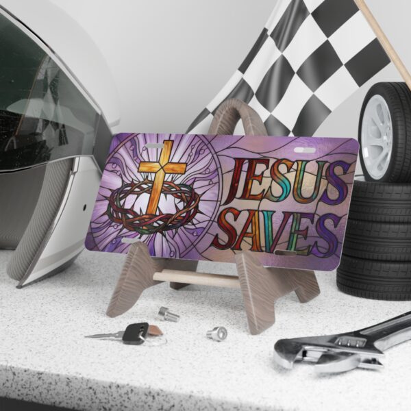 6876692012273999567_2048.jpeg Jesus Saves Vanity Plate | Cross with Crown of Thorns, Stained Glass Style