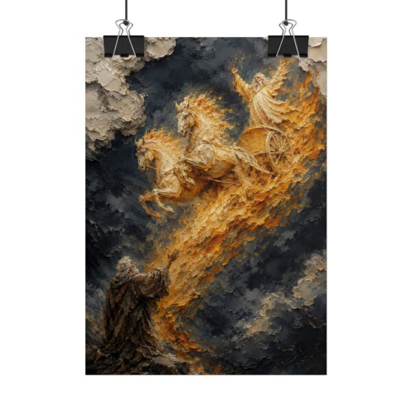 Elijah Chariot of Fire Poster | Modern Charcoal & Gold Christian Wall Art, Textured Palette Knife Plaster Print, Old Testament Miracle Decor