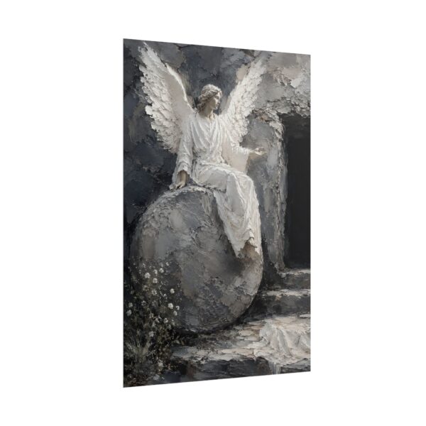 7100672555380813354_2048.jpeg The Angel at the Empty Tomb Poster | Modern Easter Resurrection Wall Art, Textured Palette Knife Plaster Print, Gray & White Christian Decor
