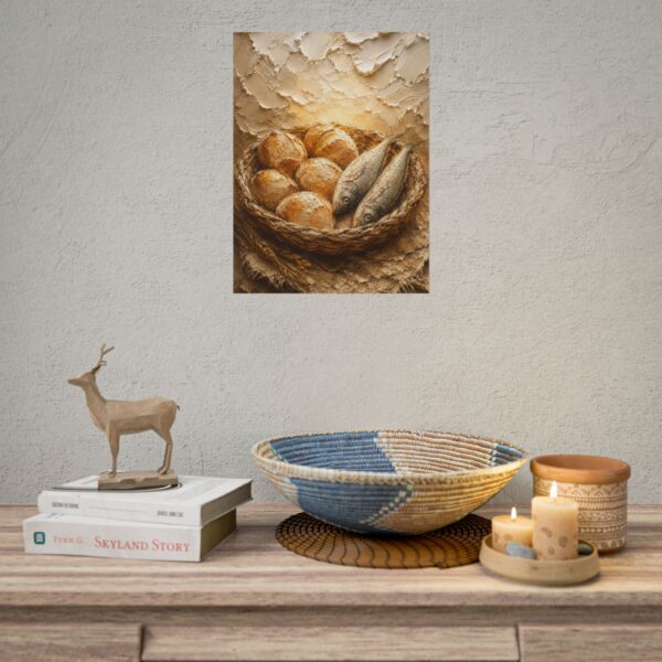 710074995958175771_2048.jpeg Loaves and Fishes Poster | Matthew 14 Miracle Wall Art | Textured Palette Knife Plaster Print | Warm Oatmeal & Beige Farmhouse Faith Decor