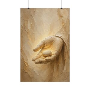 Davids Stone of Faith Poster | Modern Minimalist Christian Wall Art, Textured Palette Knife Plaster Print, Boho Beige & Gold Scripture Decor