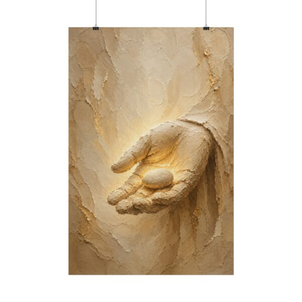 7185545121024804384_2048.jpeg Davids Stone of Faith Poster | Modern Minimalist Christian Wall Art, Textured Palette Knife Plaster Print, Boho Beige & Gold Scripture Decor