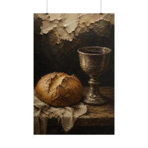 The Last Supper Elements Still Life Poster | Communion Bread and Wine Art | Moody Christian Wall Decor | Impasto Palette Knife Chalice Print