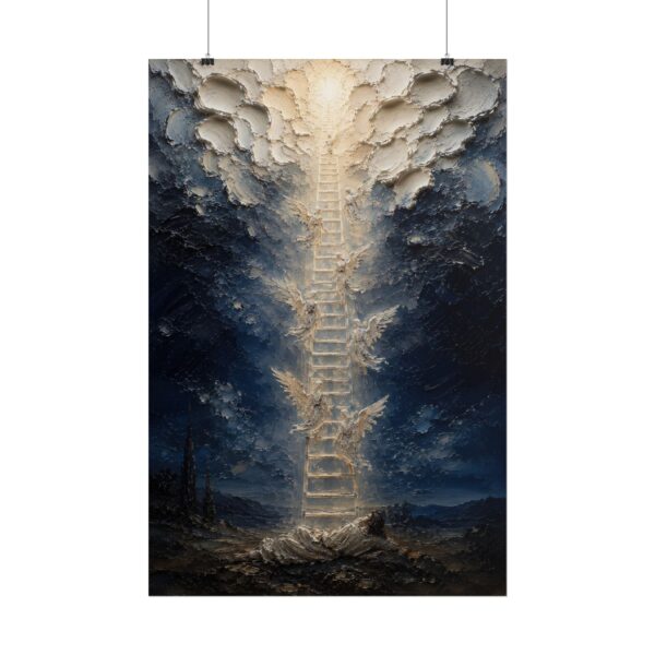 Jacob's Ladder Angels Poster | Ethereal Indigo & Silver Christian Wall Art | Textured Palette Knife Plaster Print | Modern Faith Home Decor
