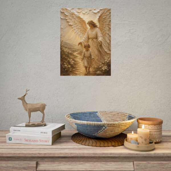 7618980550866185625_2048.jpeg The Guardian Angel Poster | Modern Nursery & Kids Room Wall Art | Textured Palette Knife Plaster Print | Warm Beige and Gold Decor