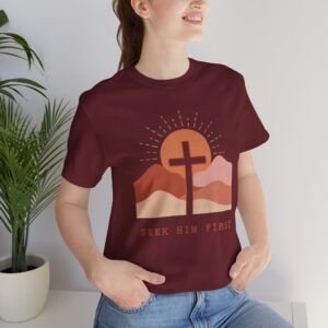 7671209301869409626_2048.jpeg Seek Him First cross sunset Tee | Christian faith shirt