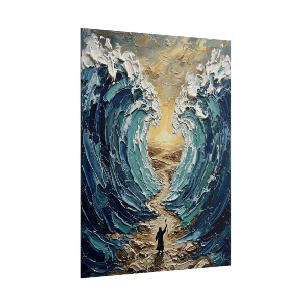 7724394431951917125_2048.jpeg Parting of the Red Sea Poster | Moses Exodus Christian Wall Art | Textured Palette Knife Blue & Gold Print | Old Testament Miracle Decor