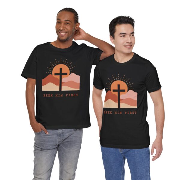 Seek Him First cross sunset Tee | Christian faith shirt