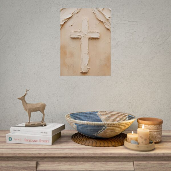 Modern Abstract Cross Impasto Poster | Minimalist Christian Wall Art | Textured Palette Knife Plaster Print | Neutral Beige Faith Home Decor